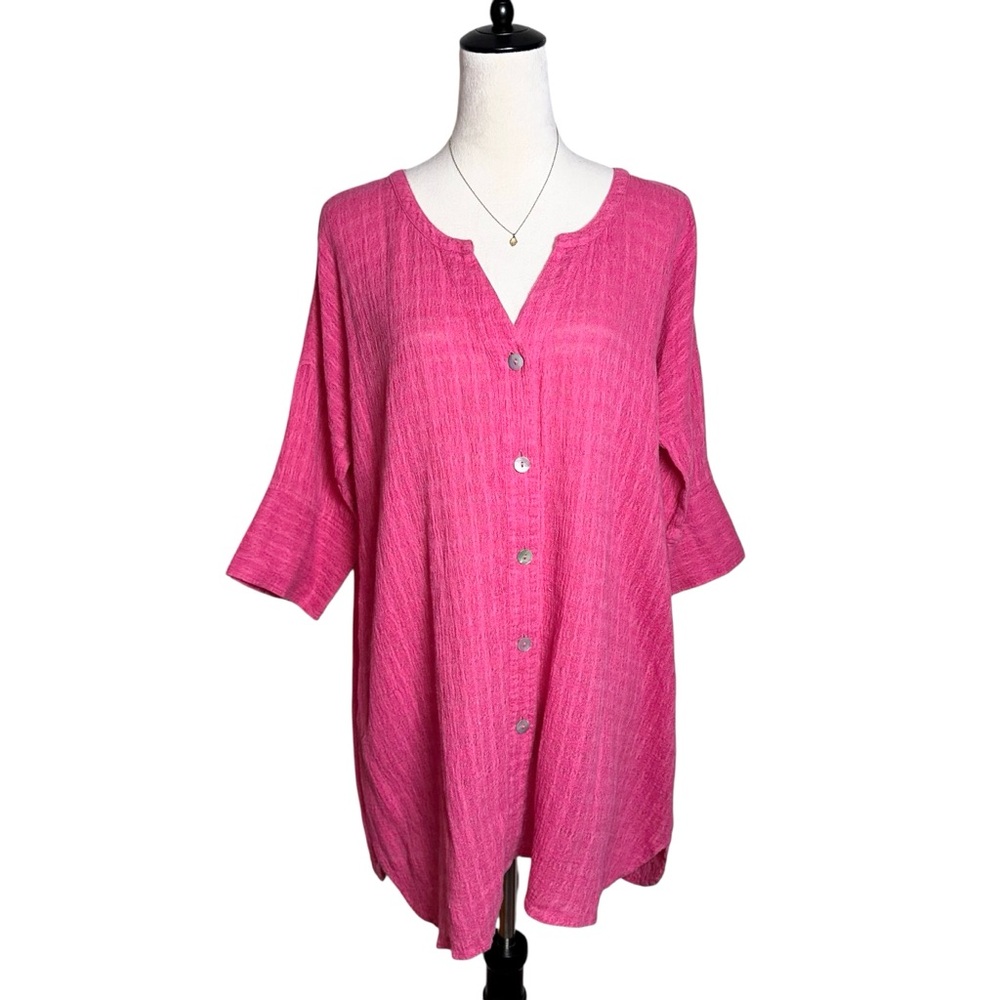 Soft Surroundings Pink Linen Cotton Tunic Top Gauze Button Front Boho Coastal S